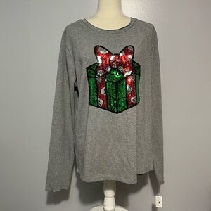 Disney Parks Holiday Sequin Shirt with a Minnie Mouse bow on a gift box XL NWT